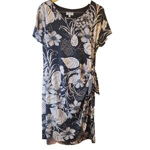 SIGNATURE ROBBIE BEE Liquid Knit Wrap Front Dress Sz L Floral Office Church Work